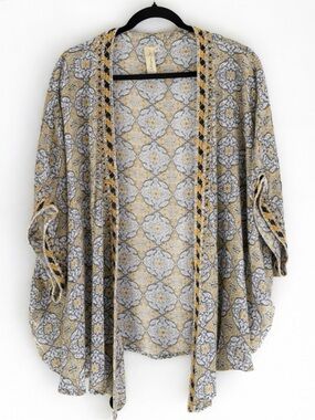 Allison Joy Mustard & Navy Embroidered Edged Made in India Kimono Cardigan